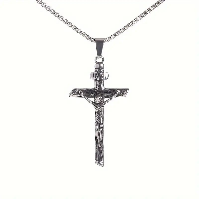 Collier pendentif en acier inoxydable avec croix de Jésus-Christ argenté