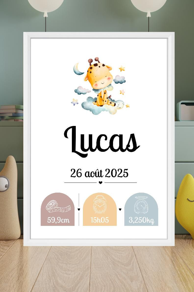 Toile de naissance personnalisée encadrée – Cadeau de naissance unique – Décoration chambre bébé – Souvenir doux et poétique