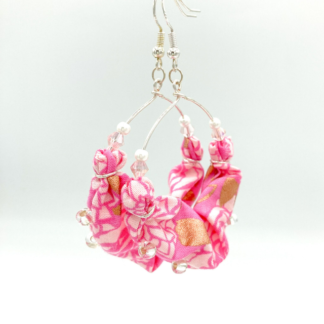 Scrunchie Hoop Earrings with Solid Silver Hooks - Pink Metallic Gold Floral
