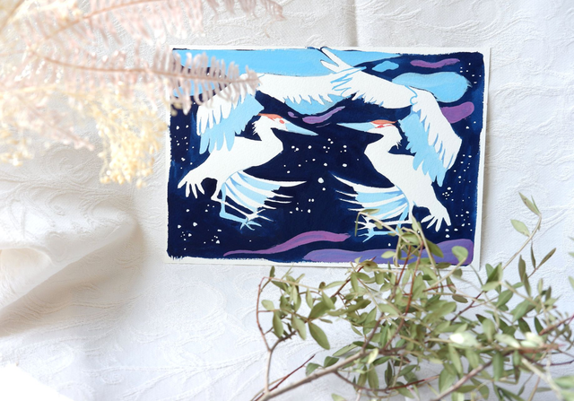 Illustration originale à la gouache "Les hérons de la nuit"