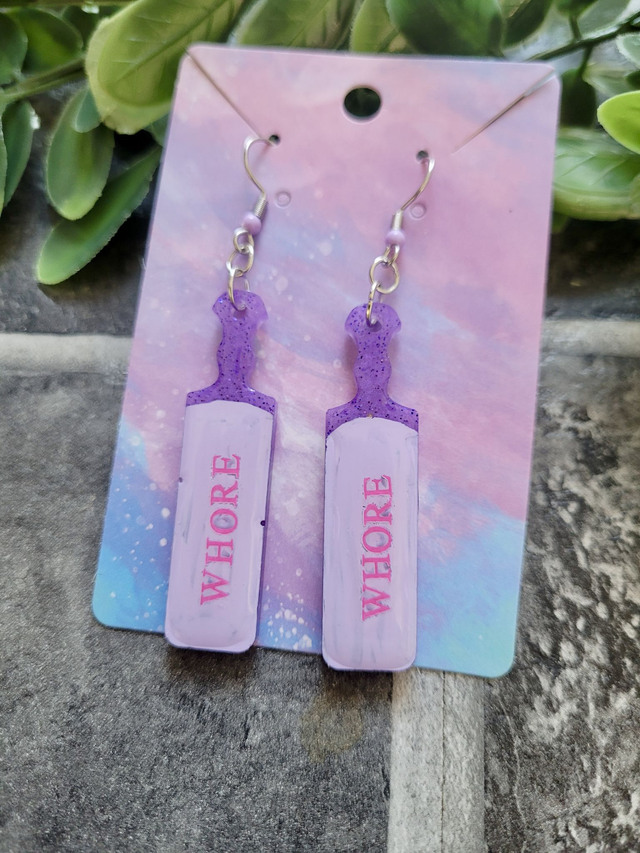 Earrings | WHORE Purple Glitter Paddle Earrings | Stainless Steel Hooks