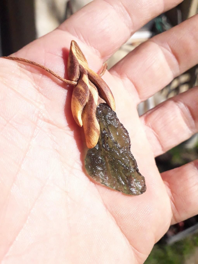Chlum Moldavite Necklace with Hand Carved Palo Santo Wood 