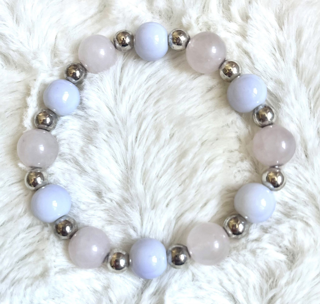 B53 - Bracelet perles en agate rose et en verre blanche