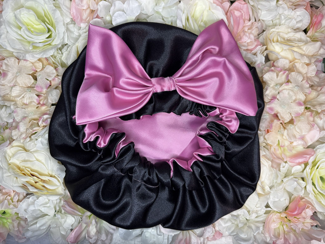 Bonnet en satin soie réversible rose & noir | Avec Nœud | Protection cheveux nuit | Anti-frisottis | Tailles S, M, L | Double face fait main