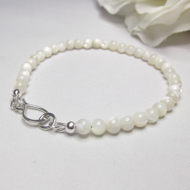 Mother of Pearl gemstone bracelet of small round beads with recycled sterling silver clasp 