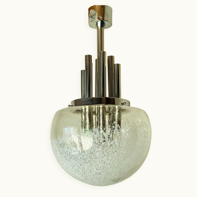 Très grande suspension Mazzega en orgue de chrome et verre Murano dans le style d’Angelo Brotto
