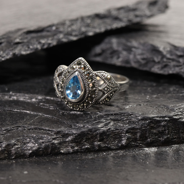 Vintage Sterling Silver 925 Art Deco Style Pear Cut Blue Topaz With Marcasite Gemstone Design Ring Size N - 6 1/2