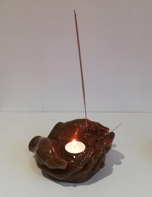 Support 4 éléments en terre d'ocre et fleurs séchées