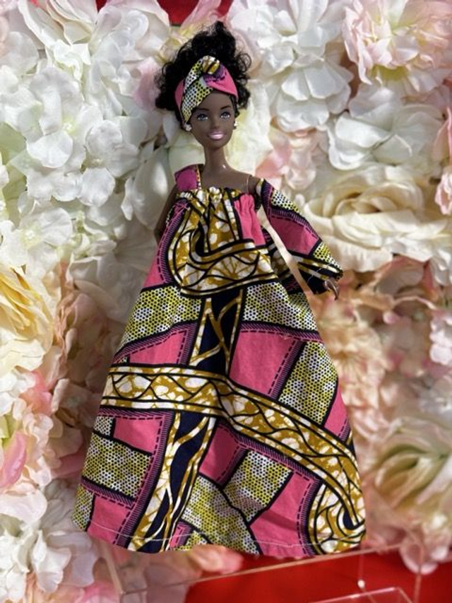 Poupée – Robe en Wax rose & Coiffe assortie - Fait main