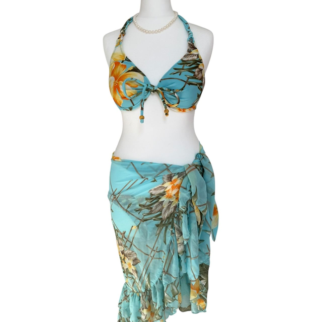 Blue tropical japanese 3 piece bikini set 