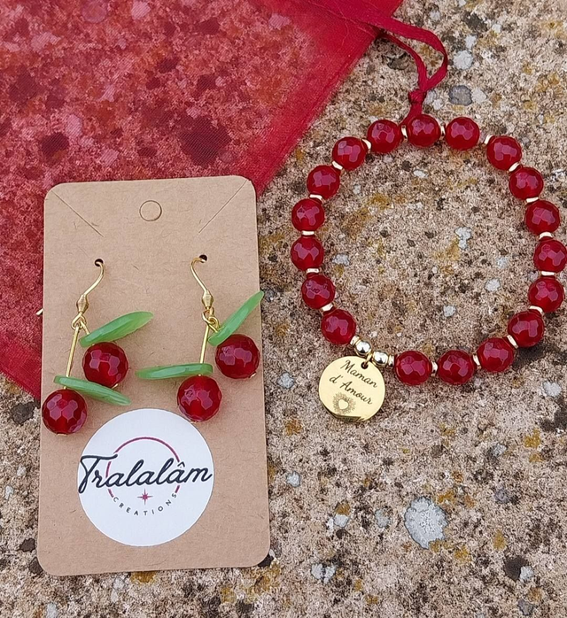 ✨OFFRE SPECIALE FETE DES MAMANS ❤️Bracelet élastique Porte-Bonheur &quot;Maman d&#039;Amour&quot;+Boucles Cerises
