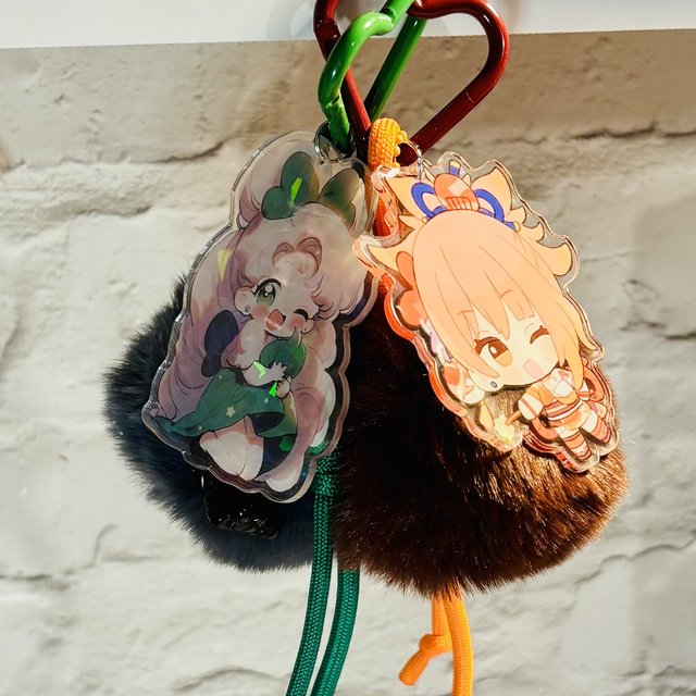Anime Girls Large acrylic, Pom Pom, toothless dragon charm and rope keychain. 2 designs to choice orange or green.