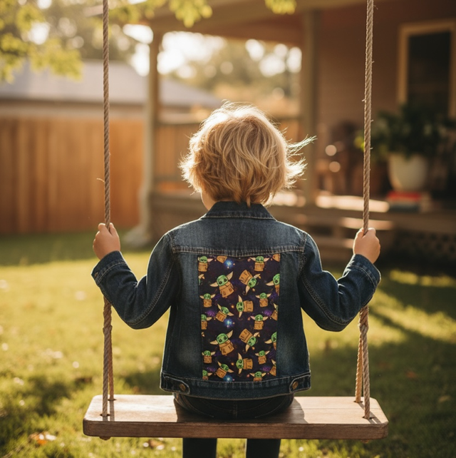 Veste en jeans customisé yoda star wars 3/4 ans soldé