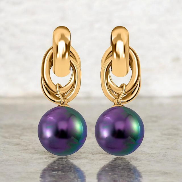 Beautiful Tahitian Pearl Shell &amp; 18K Yellow Gold Plated Dangling Earrings.