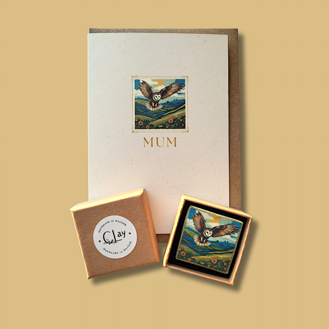 Owl Card & Brooch Gift Set for Mum