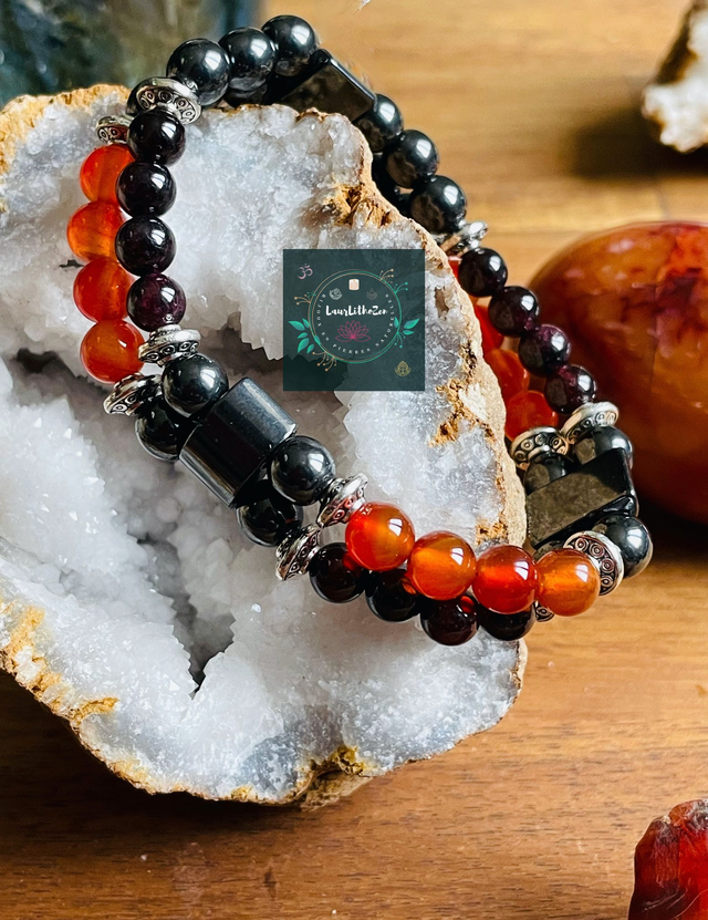 Double bracelet en Grenat- Cornaline et Hématite
