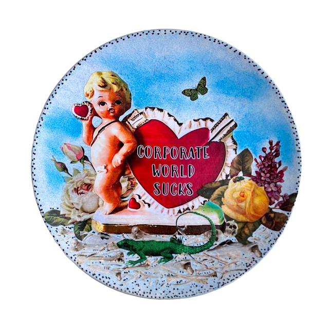 Blue Upcycled Wall Plate - "Corporate World Sucks" by House of Frisson