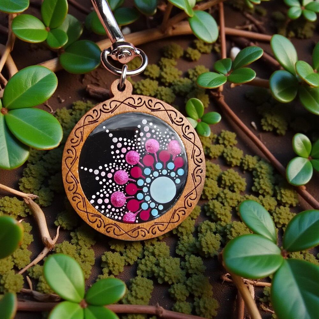 Porte-clés en bois mandala bleu &amp; fuchsia – Peint à la main