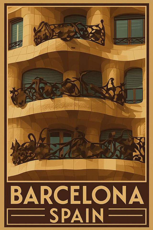 Gaudí La Pedrera Balcones de hierro forjado Casa Milá Barcelona Vintage Póster
