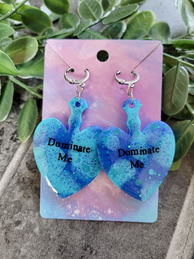 Earrings | Blue Tie-Dye Swirl Dominate Me Heart Earrings - Stainless Steel Leverback Hoops