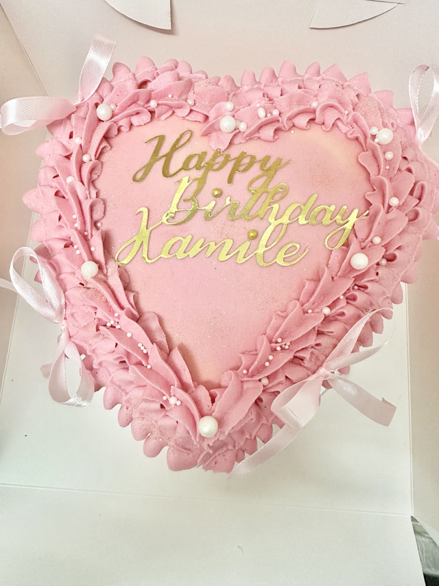 Pink Heart-shaped Vintage Birthday Cake with Pearls