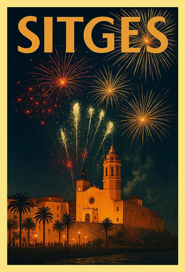 Póster vintage de Sitges, Catalunya: Fuegos artificiales sobre la icónica iglesia