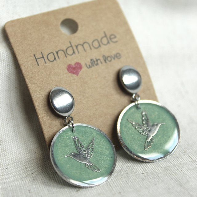 Boucles d’oreilles pendantes Colibri vert nacré – Argenté - Pièce unique