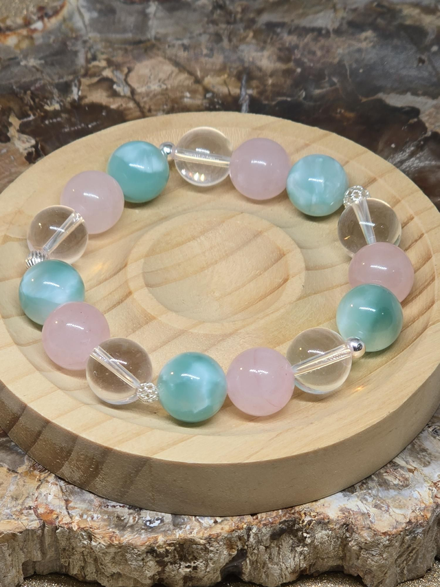 Bracelet Garniérite, Quartz rose, Cristal de roche XL en 1,2 cm