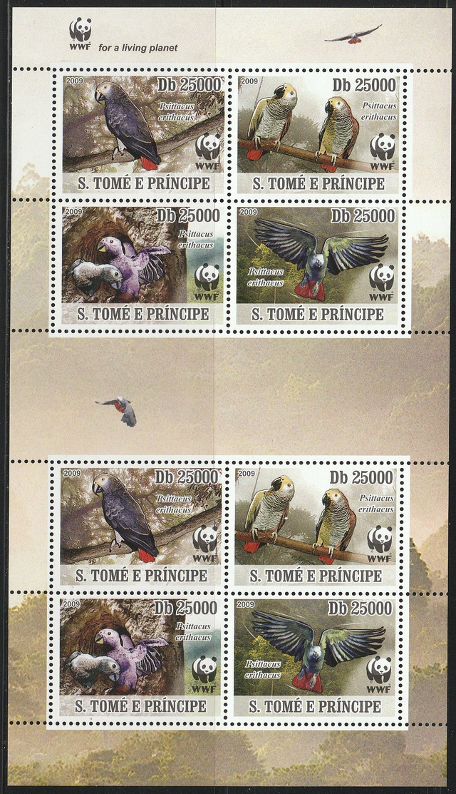 Sao Tome E Principe 2009 WWF Grey Parrot Sheet MNH