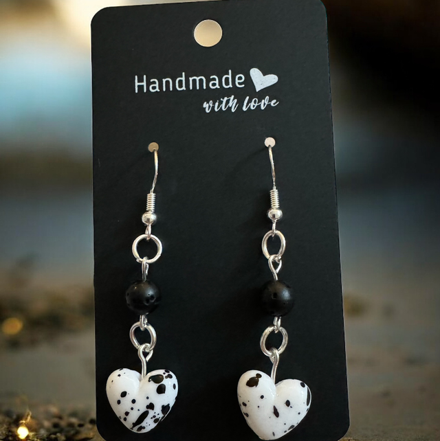 White Hearts with Black Lava Bead