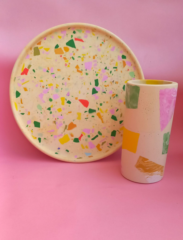 Wazon, okrągły pojemnik na akcesoria, na biurko, do łazienki, beżowy, lastryko