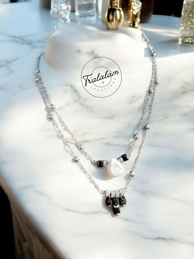✨ Collier 2 en 1 argenté goutte howlite et perles noires ✨️