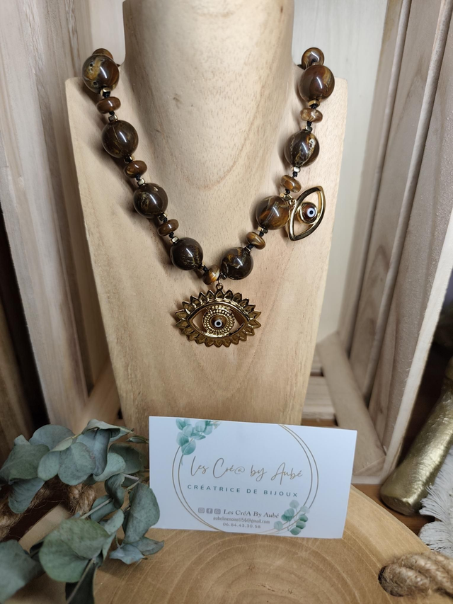 BIG COLLIER PERLES MARRON / BRELOQUES OEIL 0000547