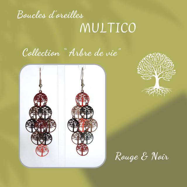 Boucles d&#039;oreilles MULTICO - Collection Arbre de vie - Rouge et Noir