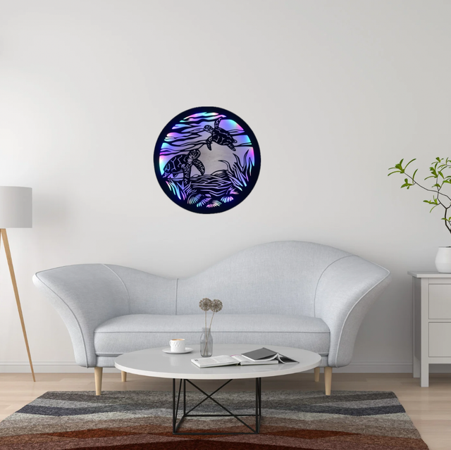 Tableau lumineux tortue de mer en bois recyclé – Décoration murale LED upcycling