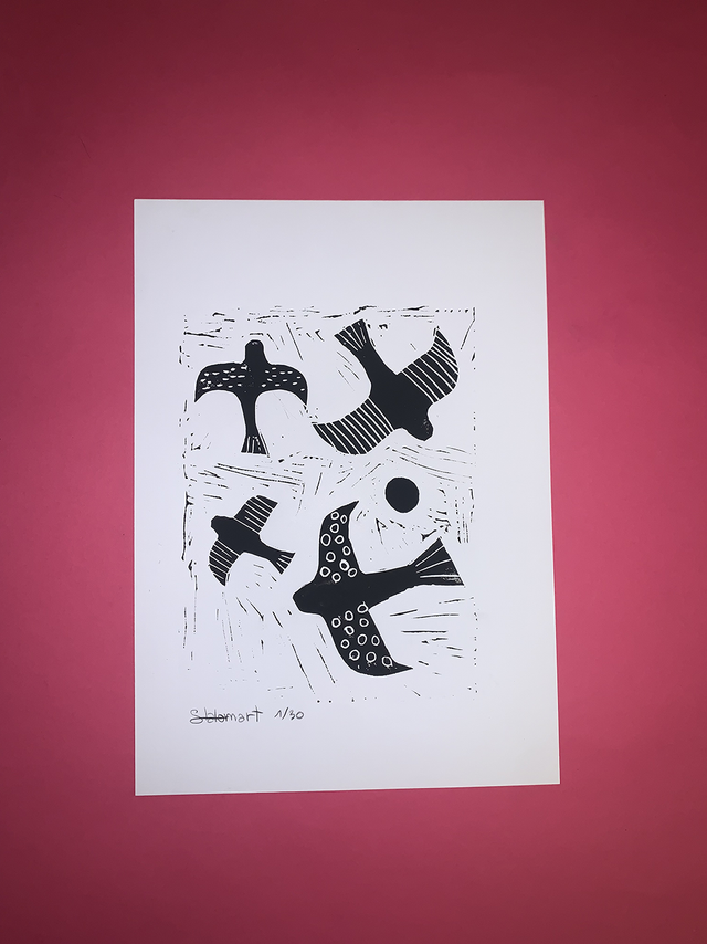 Linogravure A4 édition limitée &quot;Les oiseaux n°1&quot; 