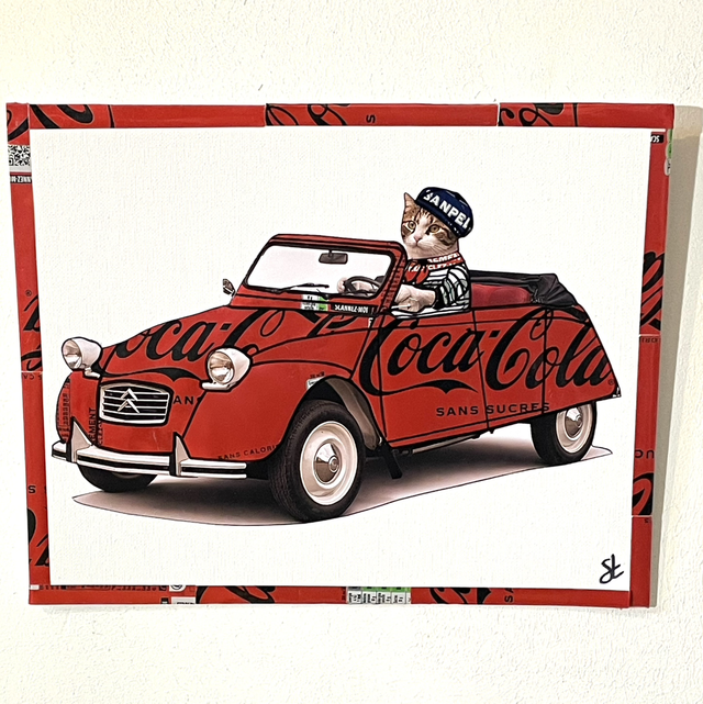 Tableau Chat en 2cv vintage 