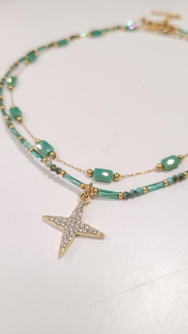 Collier double Aurelia – Bijoux faits main en acier inoxydable doré – Étoile & turquoise africaine