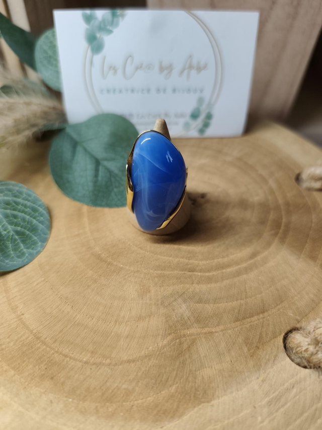 BAGUE RESINE BLEU/ ACIER INOXY GOLD / AJUSTABLE 0000790