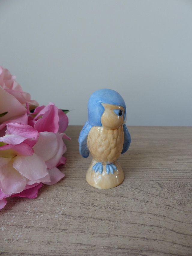 Figurine vintage chouette en porcelaine Franklin Mint – 1988 – Décoration beige et bleue fabriquée à Taïwan