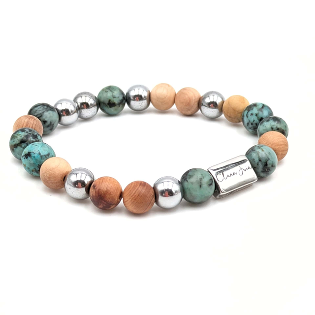 🌿 Bracelet Turquoise africaine, Bois de senteur &amp; Hématite argentée – Clara Joia