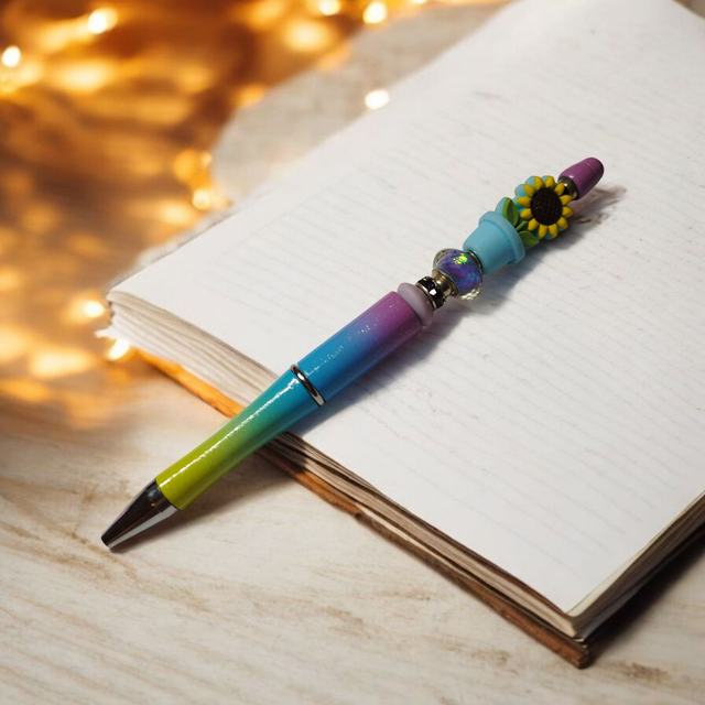 Stylo perles bleu violet jaune