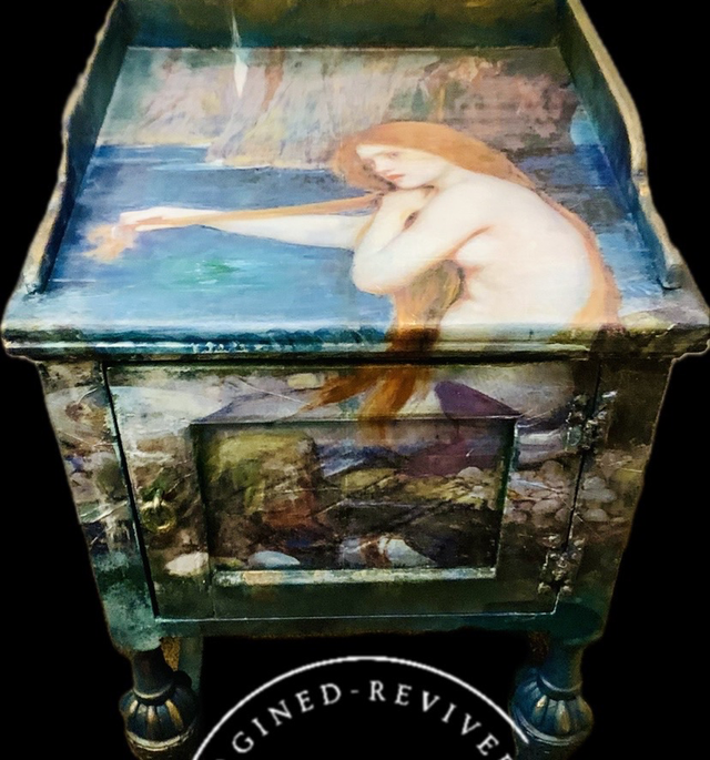 Victorian oak cupboard featuring “The Mermaid” by John William Waterhouse 