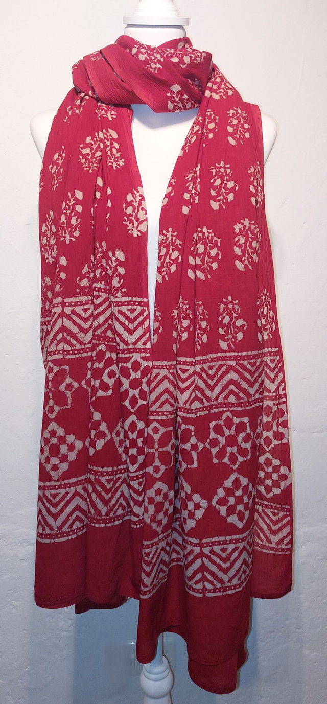 Châle, teinture naturelle rouge, coton imprimé à la main, écharpe légère, dupatta - Cadeau femme artisanal éthique