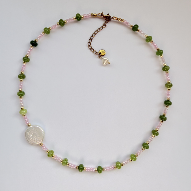 Penelope - Pink, Green & Pearl Beaded Necklace