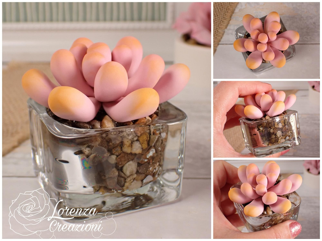 Pianta grassa rosa e punte sull'arancione, succulenta, artigianale modellata a mano in argilla polimerica (fimo). Made in Italy.