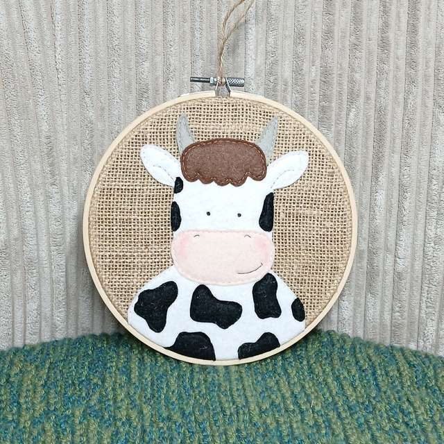 Farmyard Range, hoop art. Cow design. Made with wool felt, hand-sewn onto hessian Wall art.
