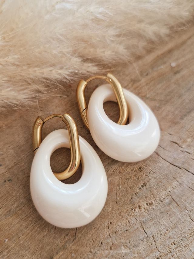 Boucles d'oreilles créoles "Antoinette" - Doré et crème