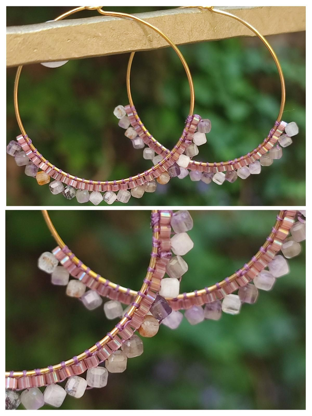 Créoles améthyste aux jolis reflets et hématite doré, tissé main en acier inoxydable doré -sans nickel 