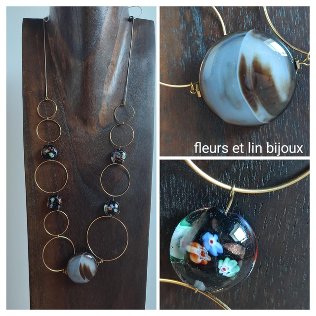 Z- Sautoir perles en agate&amp;verre Millefiori noir incrusté de petites fleurs, monté sur fil de lin réglable en pièce unique 